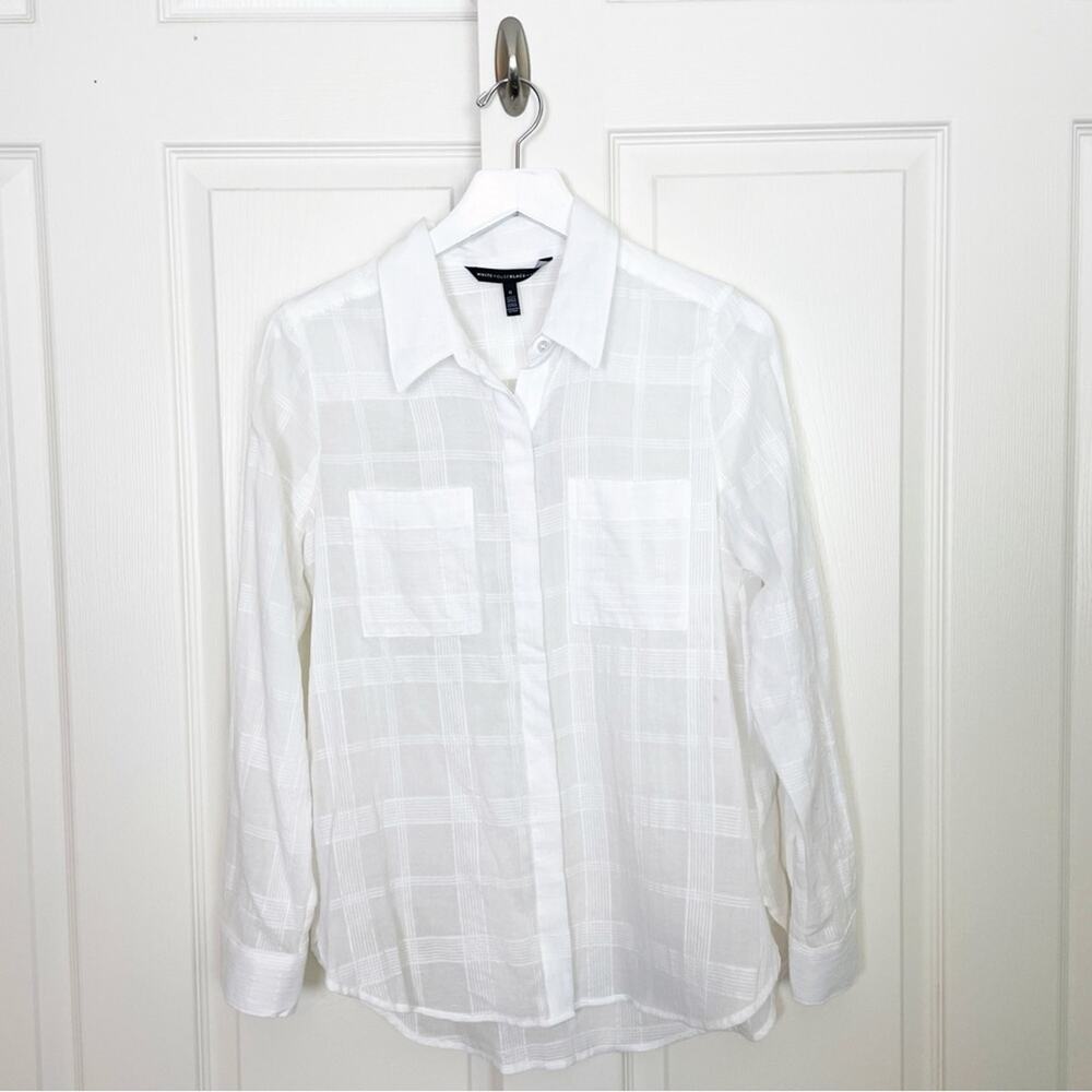 White House Black Market White Tonal Plaid Gauzy Cotton Shirt NWT Sz 6